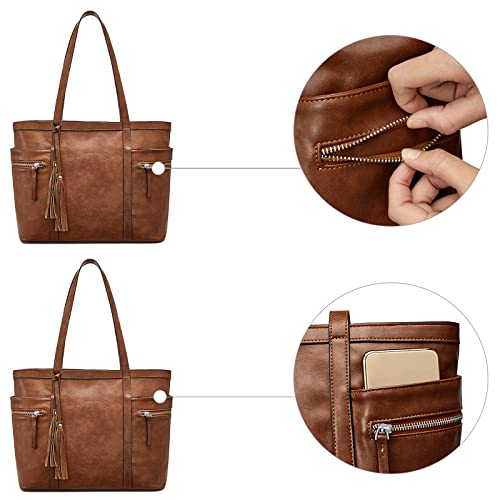 S-ZONE Women Leather Tote Bag Multi-Pocket Large Shoulder Purse Ladies Work Handbag with Tassel