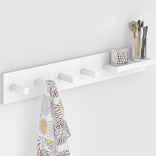 Ballucci 4-Peg Wood Wall Storage Floating Shelf and Coat Rack, Modern Hat Rack with 4 Hooks, Wall Organizer and Key Holder - White