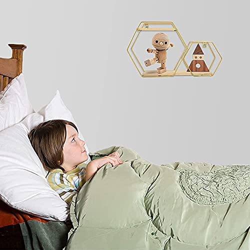 Fasyou Hexagon Floating Shelves Cute Gold Honeycomb Shelves Wall Mounted Shelves with Metal Bracket Rustic Solid Wood Wall Shelves for Living Room,Bedroom,Gold