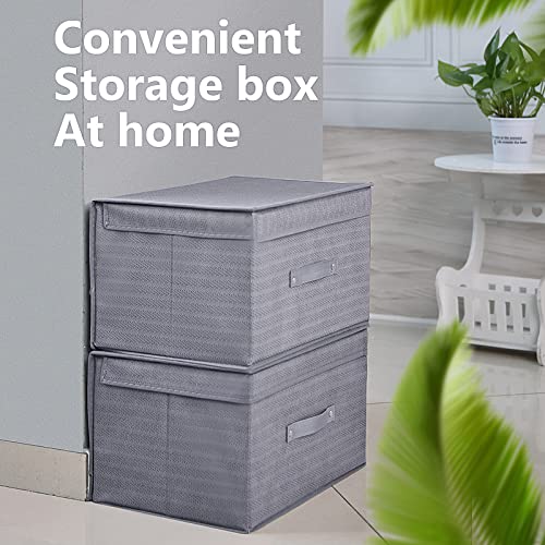 BEBORIN Foldable Storage Bins|2 Pack Storage Boxes with Lids and Handles Storage Baskets in Cotton and Linen Storage Organizers for Toys, Shelves, Clothes, Papers and Books etc. (Grey-twill)