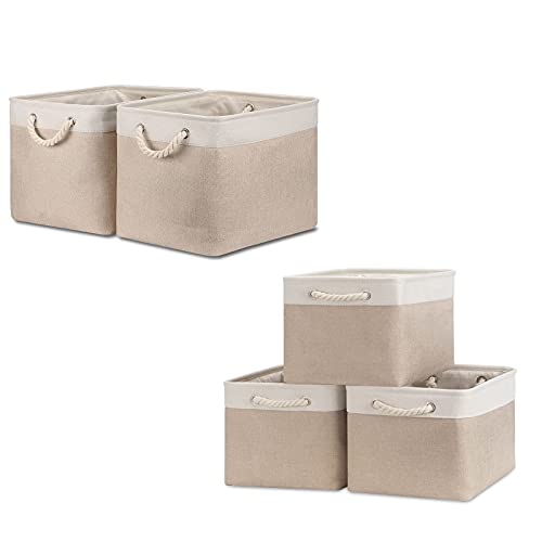 Bidtakay Baskets Set Fabric Storage Bins-Beige Bundled Baskets of 2 Large Baskets 16" X 11.8" X 11.8" + 3 Medium Baskets 15" X 11" X 9.5" for Organizing, Closets