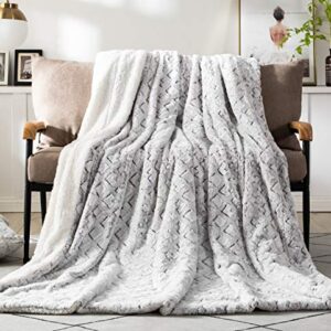 DaDa Bedding Luxury White Faux Fur Throw Blanket - Dreamy Milky Way Cloud Purple Undertone Embossed Sherpa Backside - Super Soft Warm Cozy Plush Fluffy - 63" x 90"