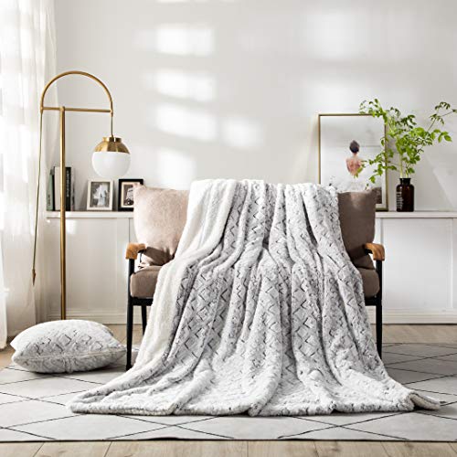 DaDa Bedding Luxury White Faux Fur Throw Blanket - Dreamy Milky Way Cloud Purple Undertone Embossed Sherpa Backside - Super Soft Warm Cozy Plush Fluffy - 63" x 90"