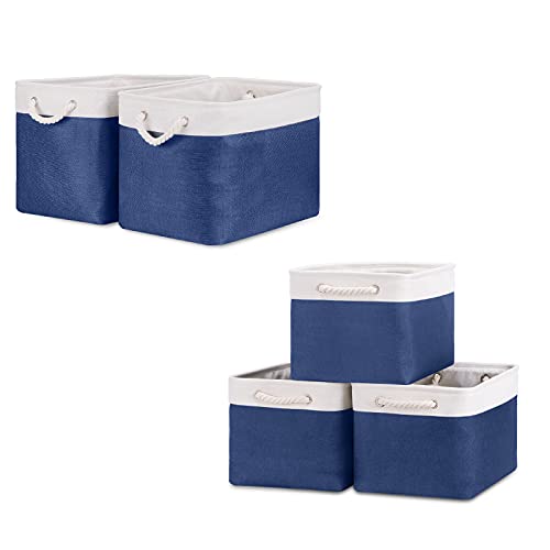 Bidtakay Baskets Set Fabric Storage Bins-Navy Blue Bundled Baskets of 2 Large Baskets 16" X 11.8" X 11.8" + 3 Medium Baskets 15" X 11" X 9.5" for Closet, Shelves