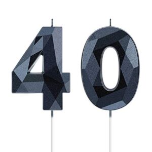 40th birthday candles, number 40 candles happy birthday cake topper 3d diamond shape numeral sparkler candles for men women birthday party wedding decoration theme party (black)