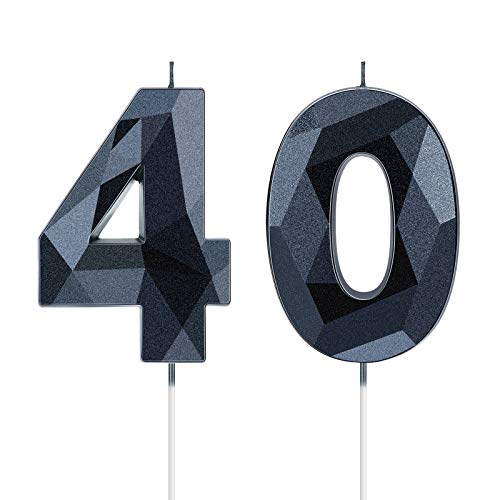 40th Birthday Candles, Number 40 Candles Happy Birthday Cake Topper 3D Diamond Shape Numeral Sparkler Candles for Men Women Birthday Party Wedding Decoration Theme Party (Black)