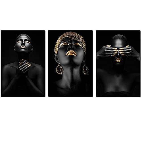 YOWOCAL Black Women Beauty Prints, 16x20 Inches African American Girls Canvas Wall Art ,Pop Gold Earrings Praying Girl Drawing Decor for Home Living Room Bedroom Porch(Set of 3,Unframed)