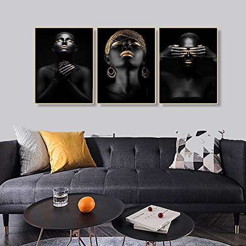 YOWOCAL Black Women Beauty Prints, 16x20 Inches African American Girls Canvas Wall Art ,Pop Gold Earrings Praying Girl Drawing Decor for Home Living Room Bedroom Porch(Set of 3,Unframed)