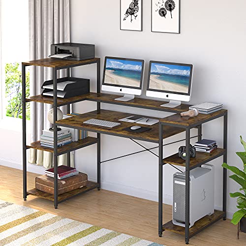 Computer Desk with 4-Tier Storage Shelves, 63 Inches Large Industrial Office Desk with Monitor Shelf and CPU Stand, Study Writing Table Workstation with Printer Stand for Home Office, Rustic Brown