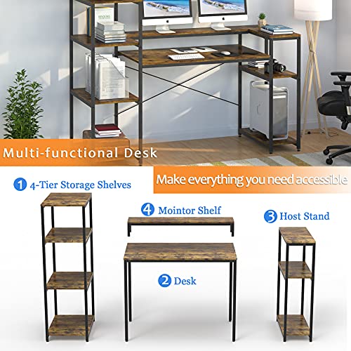 Computer Desk with 4-Tier Storage Shelves, 63 Inches Large Industrial Office Desk with Monitor Shelf and CPU Stand, Study Writing Table Workstation with Printer Stand for Home Office, Rustic Brown