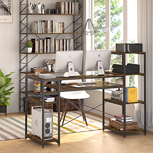 Computer Desk with 4-Tier Storage Shelves, 63 Inches Large Industrial Office Desk with Monitor Shelf and CPU Stand, Study Writing Table Workstation with Printer Stand for Home Office, Rustic Brown