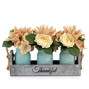 Living Room Table Centerpieces-Besuerte Rustic Decorative Thankful Wood Tray,with Rose Bouquet Flower for Home,Coffee Table Dining Room,Kitchen,New Home Housewarming Gift【3 Blue Jars 】