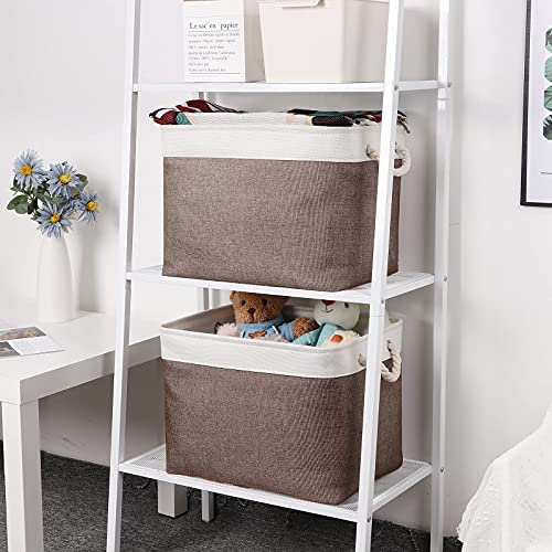 Bidtakay Baskets Set Fabric Storage Bins-White&Earthy Brown Bundled Baskets of 2 Large Baskets 16" X 11.8" X 11.8" + 3 Medium Baskets 15" X 11" X 9.5"