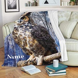 CUXWEOT Custom Blanket with Name Text Personalized Animal Owl Soft Fleece Throw Blanket for Gifts (50 X 60 inches)