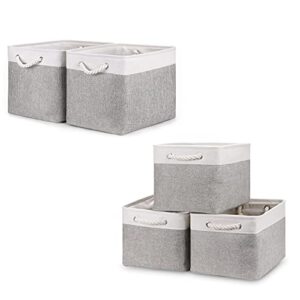 bidtakay baskets set fabric storage bins-white&grey bundled baskets of 2 large baskets 16″ x 11.8″ x 11.8″ + 3 medium baskets 15″ x 11″ x 9.5″ for closet, shelves