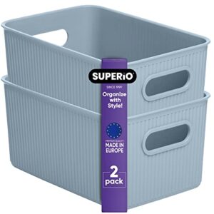 superio decorative plastic open home storage bins organizer baskets, medium blue (2 pack) container boxes for organizing closet shelves drawer shelf – ribbed collection 5 liter