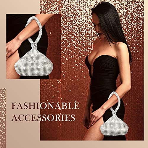 2 Pieces Women's Evening Handbags Rhinestone Clutch Wedding Purse Rhinestone Bag Triangle Bling Glitter Clutch Bag Round Ball Crystal Tassel Evening Bag for Bridesmaid Engagement Party(Silver)