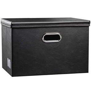 prandom large collapsible storage bin with lid [1-pack] leather fabric foldable storage box organizer containes basket cube with cover for home bedroom closet office nursery black (17.7×11.8×11.8)