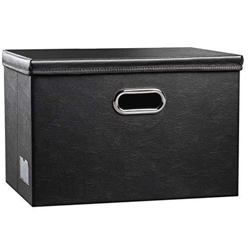 PRANDOM Large Collapsible Storage Bin with Lid [1-Pack] Leather Fabric Foldable Storage Box Organizer Containes Basket Cube with Cover for Home Bedroom Closet Office Nursery Black (17.7x11.8x11.8)