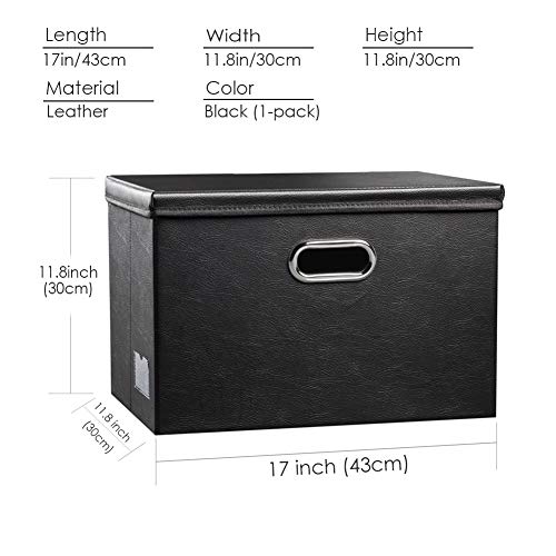 PRANDOM Large Collapsible Storage Bin with Lid [1-Pack] Leather Fabric Foldable Storage Box Organizer Containes Basket Cube with Cover for Home Bedroom Closet Office Nursery Black (17.7x11.8x11.8)