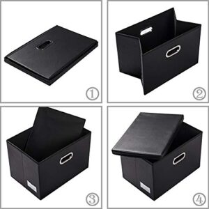 PRANDOM Large Collapsible Storage Bin with Lid [1-Pack] Leather Fabric Foldable Storage Box Organizer Containes Basket Cube with Cover for Home Bedroom Closet Office Nursery Black (17.7x11.8x11.8)