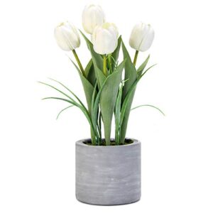 jusdreen artificial potted tulips flowers with cement vase vivid tulip flowers arrangement for home office décor house decorations(5 white tulips)