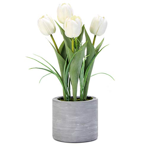 Jusdreen Artificial Potted Tulips Flowers with Cement Vase Vivid Tulip Flowers Arrangement for Home Office Décor House Decorations(5 White Tulips)