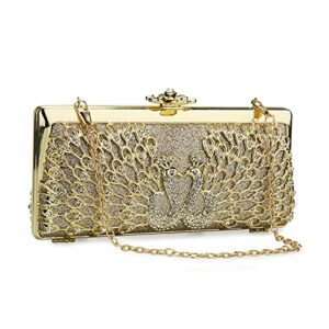 uborse peacock clutch bag rhinestone vintage evening purse for wedding cocktail party retro style (gold)