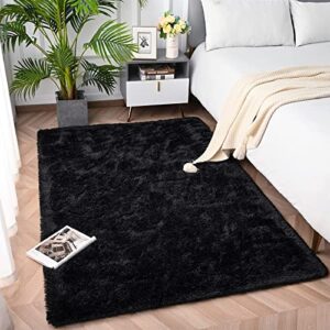 fulie ultra soft shag area rugs for bedroom, black fluffy modern plush rugs for living room kids girls dorm room floor carpets, fuzzy rugs for nursery bedside home decor, 3×5 feet