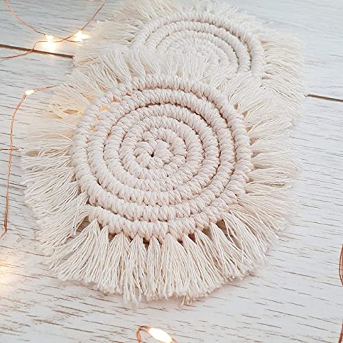 Hygge & Cwtch Handcrafted Macrame Coasters Set of 4 - Handmade Cotton Rope Woven Macrame Coaster with Tassel | Boho Home Decor Mugs and Cups Pads for Drinks, Wine Glass Table Countertop Office