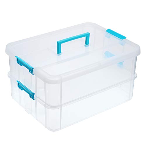 JUXYES 2-Tiers Stack Carry Storage Box With Handle, Transparent Stackable Storage Bin With Handle Lid Latching Storage Container for School & Office Supplies (Blue)