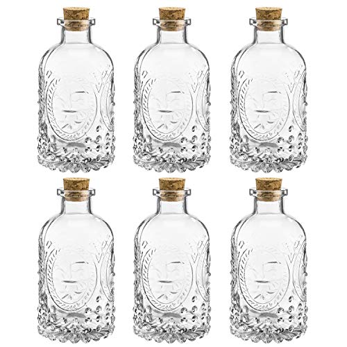 MyGift Vintage Design Embossed Fleur De Lis Clear Glass Bottles with Cork Lid, Apothecary Flower Bud Vases, Set of 6