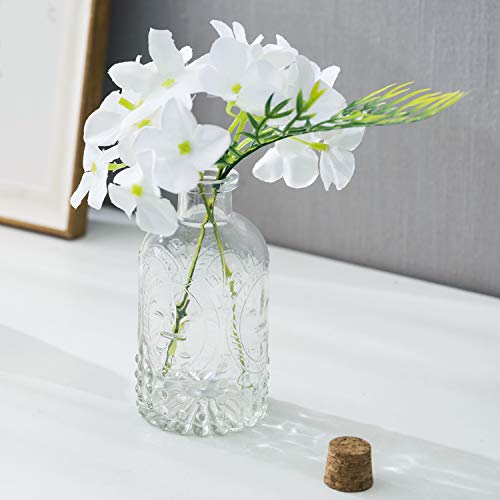 MyGift Vintage Design Embossed Fleur De Lis Clear Glass Bottles with Cork Lid, Apothecary Flower Bud Vases, Set of 6
