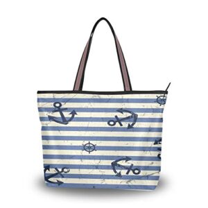 qmxo sea anchor stripe blue handbags and purse for women tote bag large capacity top handle shopper shoulder bag