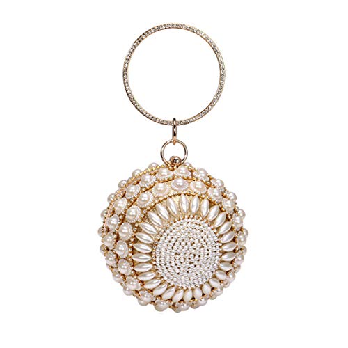 UMREN Women Round Clutch Ball Evening Bag Dazzling Full Beaded Artificial Pearls Handbag for Wedding Parites Prom Gold