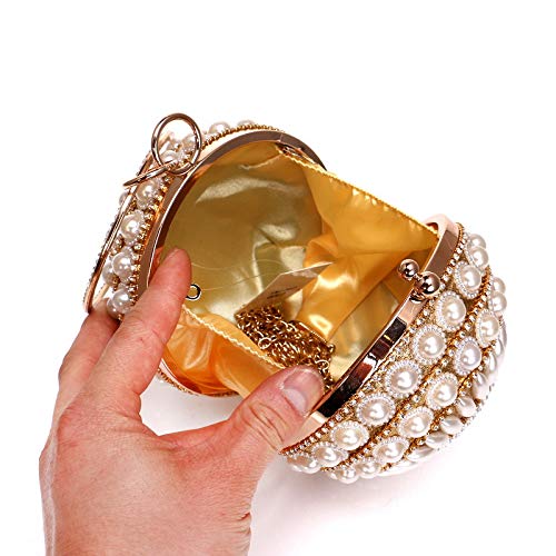 UMREN Women Round Clutch Ball Evening Bag Dazzling Full Beaded Artificial Pearls Handbag for Wedding Parites Prom Gold