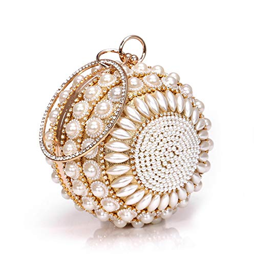 UMREN Women Round Clutch Ball Evening Bag Dazzling Full Beaded Artificial Pearls Handbag for Wedding Parites Prom Gold