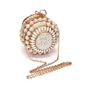 UMREN Women Round Clutch Ball Evening Bag Dazzling Full Beaded Artificial Pearls Handbag for Wedding Parites Prom Gold