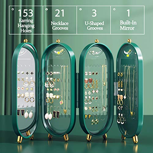 Collapsible Earring Holder Jewelry Organizer Box with Mirror, Earring Necklace Jewelry Box Organizer Necklace Holder for for Women and Girls, Small Jewelry Organizer Box, Gifts for Girl (Green)