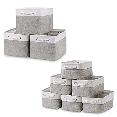 Bidtakay Baskets Set Fabric Storage Bins-White&Grey Bundled Baskets of 3 Medium Baskets 15" X 11" X 9.5" + 6 Small Baskets 11.8" X 7.8" X 5"