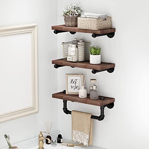 BOSURU Industrial Iron Pipe Shelves Wall Mount Wood Floating Shelf Rustic DIY Storage Shelving with Towel Rack for Bathroom,Living Room,Bedroom(Black,3-Tier)