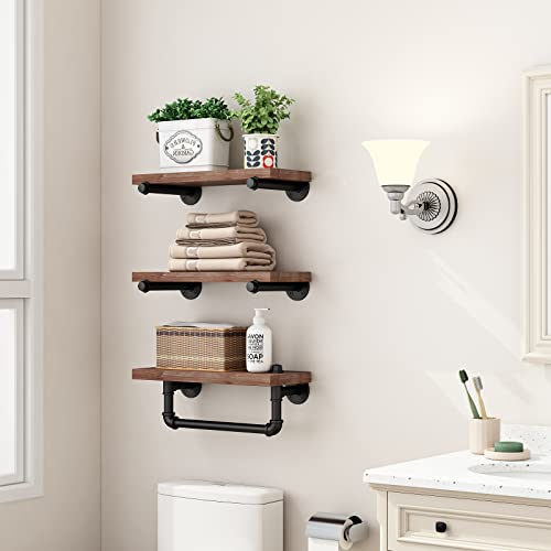 BOSURU Industrial Iron Pipe Shelves Wall Mount Wood Floating Shelf Rustic DIY Storage Shelving with Towel Rack for Bathroom,Living Room,Bedroom(Black,3-Tier)