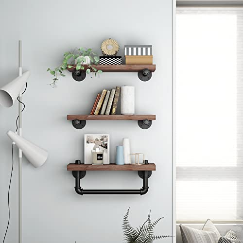 BOSURU Industrial Iron Pipe Shelves Wall Mount Wood Floating Shelf Rustic DIY Storage Shelving with Towel Rack for Bathroom,Living Room,Bedroom(Black,3-Tier)