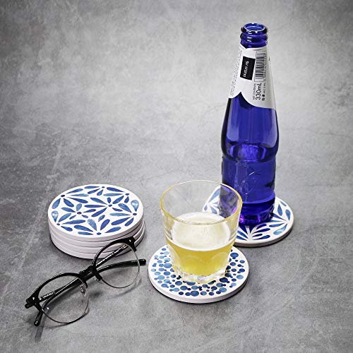 AD Set of 6 Coasters for Drinks Absorbing Round Ceramic Stone Coaster with Cork Base,Tabletop Protection Mat for Mugs and Cups,Office,Kitchen (Indigo Blue)