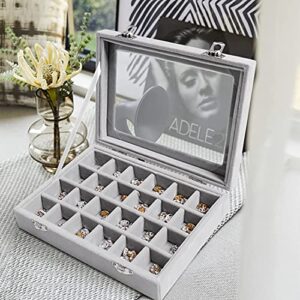 CBCYBER Jewelry Box 24 Grid Velvet Jewelry Tray for Drawers Glass Clear Lid Showcase Display Storage Ring Trays Holder Earrings Organizer Case(Grey)