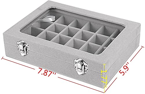 CBCYBER Jewelry Box 24 Grid Velvet Jewelry Tray for Drawers Glass Clear Lid Showcase Display Storage Ring Trays Holder Earrings Organizer Case(Grey)