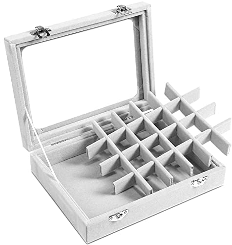 CBCYBER Jewelry Box 24 Grid Velvet Jewelry Tray for Drawers Glass Clear Lid Showcase Display Storage Ring Trays Holder Earrings Organizer Case(Grey)