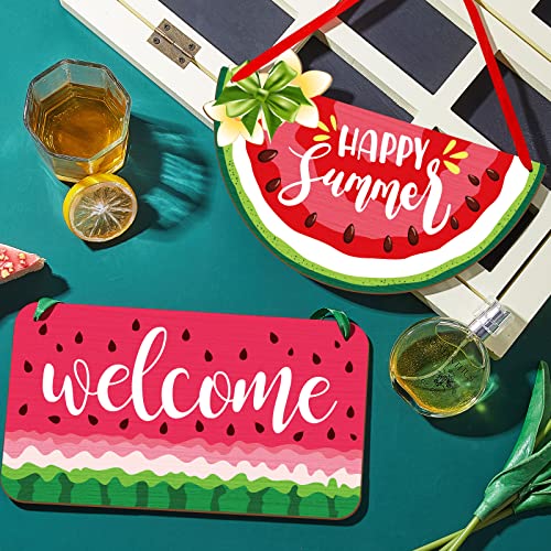 2 Pieces Watermelon Hanging Sign Watermelon Door Hanger Wood Welcome Door Sign Summer Watermelon Hanging Door Sign Plaque for Summer Front Door Wreath Home Wall Decor with Hanging Rope(Happy)