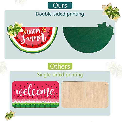 2 Pieces Watermelon Hanging Sign Watermelon Door Hanger Wood Welcome Door Sign Summer Watermelon Hanging Door Sign Plaque for Summer Front Door Wreath Home Wall Decor with Hanging Rope(Happy)