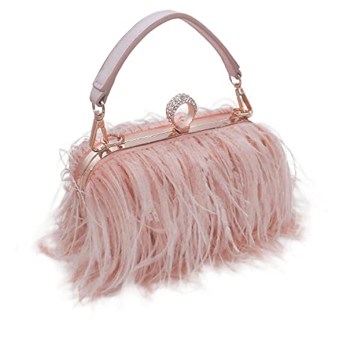 QEBURI Women Fluffy Ostrich Feather Evening Dress Clutch Bag Purse Shoulder Bag (Pale Peach)